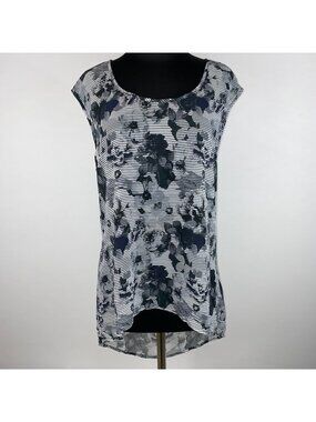 Studio Y Blouse Top Womens L Sheer Floral Striped Tunic Hi-Lo Hem Keyhole Back